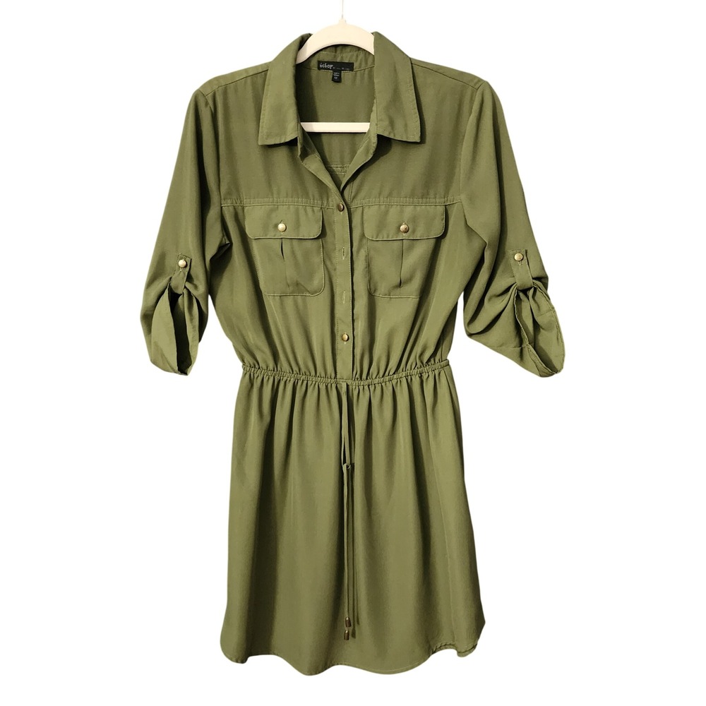 Bebop Womens Shirt Dress Olive Green Utility Roll Tab Sleeve Goblincore Medium
